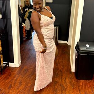 Pale Pink Metallic Silver Sparkling Spaghetti Strap High Split Maxi Party dress